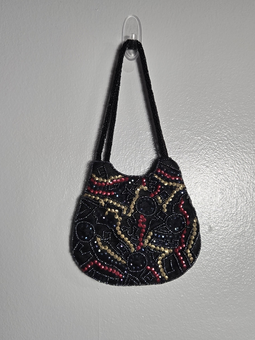 Linea Pelle Vintage Beaded Sequin Black Red Gold Abstract Mini Handbag